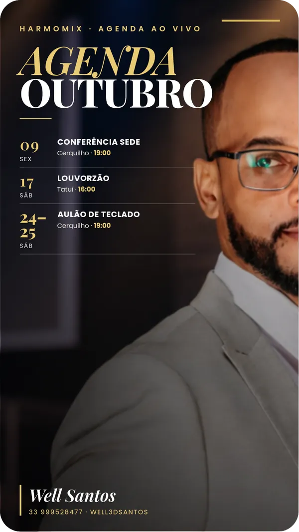 Template cinematográfico de agenda do HARMOMIX com três compromissos de exemplo